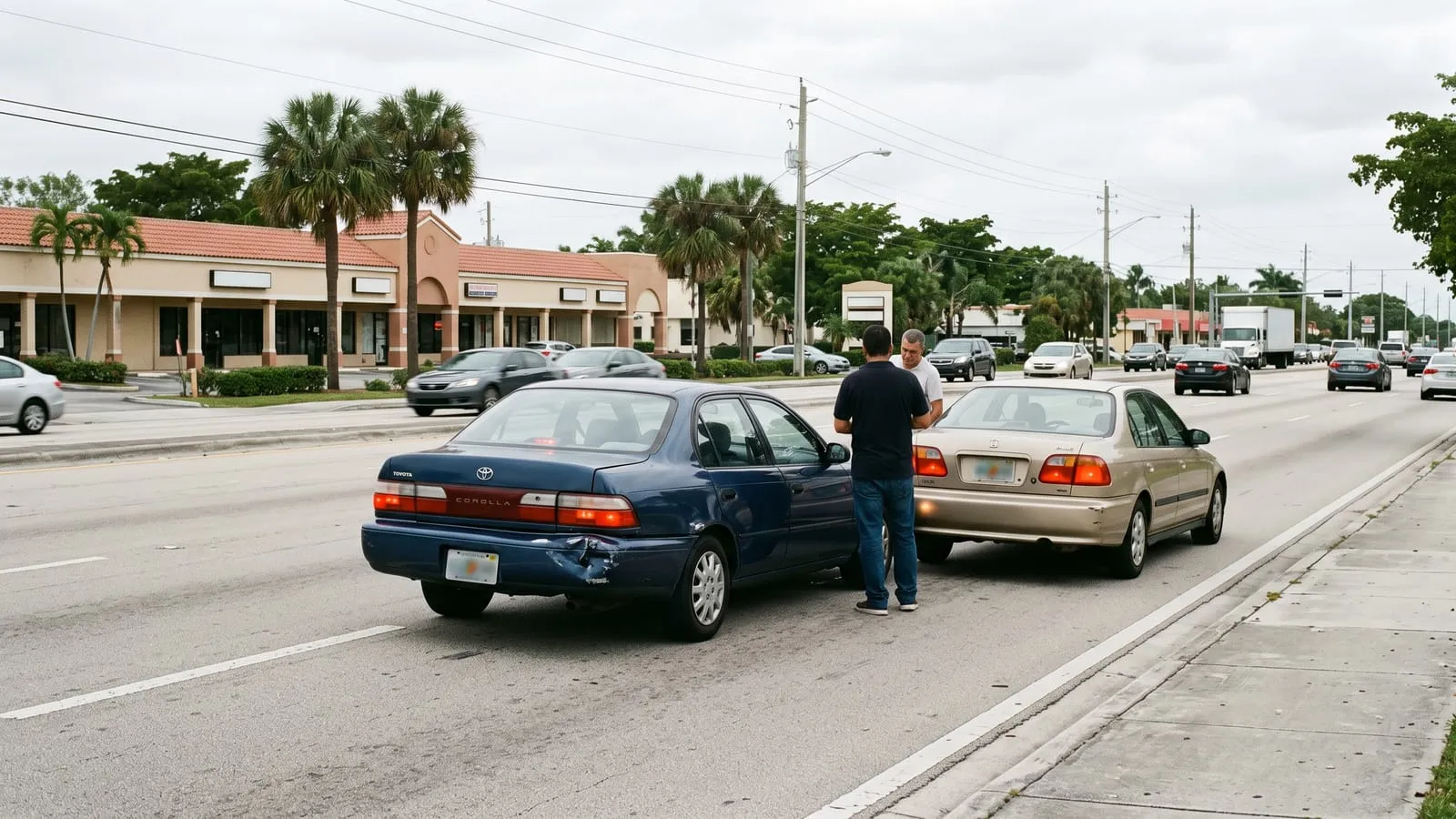 Two sedans on the shoulder of a wide Hialeah road after a rear-end collision