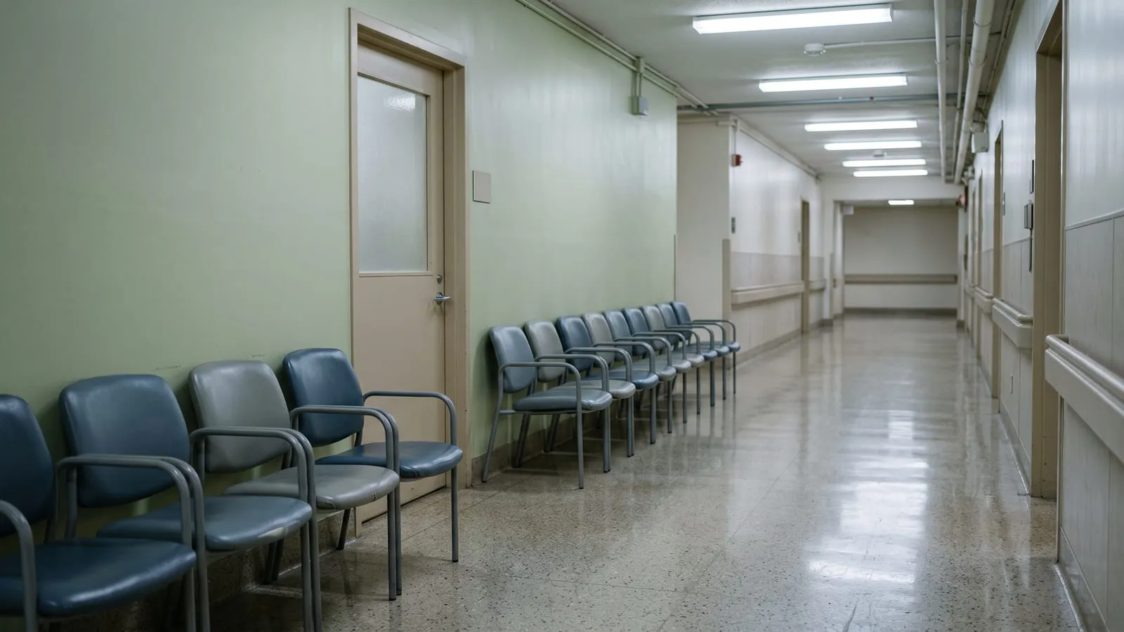 Un pasillo de hospital vacío con sillas de sala de espera bajo luz fluorescente