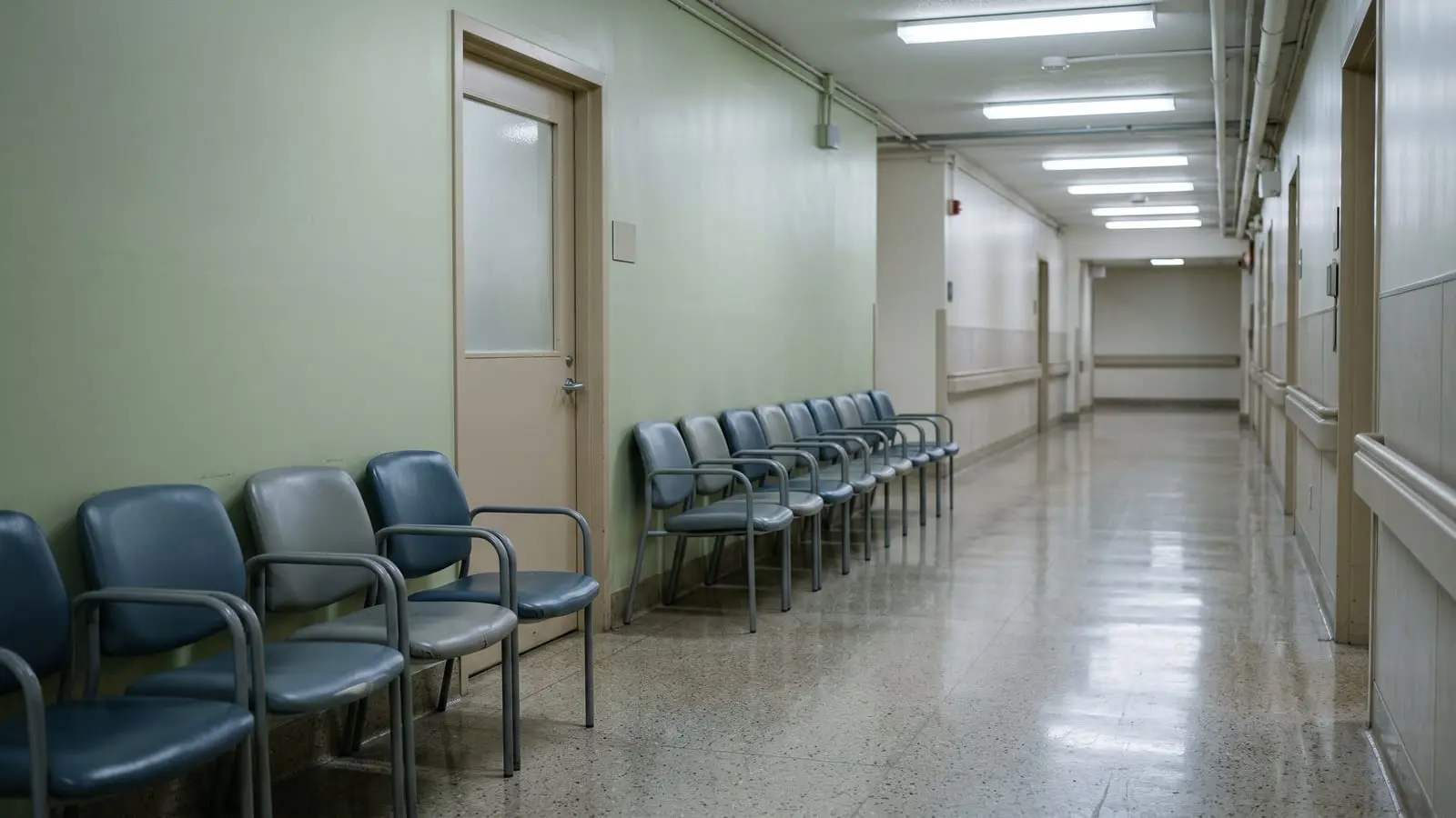 Un pasillo de hospital vacío con sillas de sala de espera bajo luz fluorescente