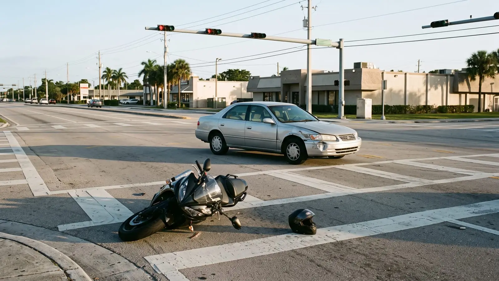 Una motocicleta caída en una intersección de Miami-Dade después de un choque con un auto