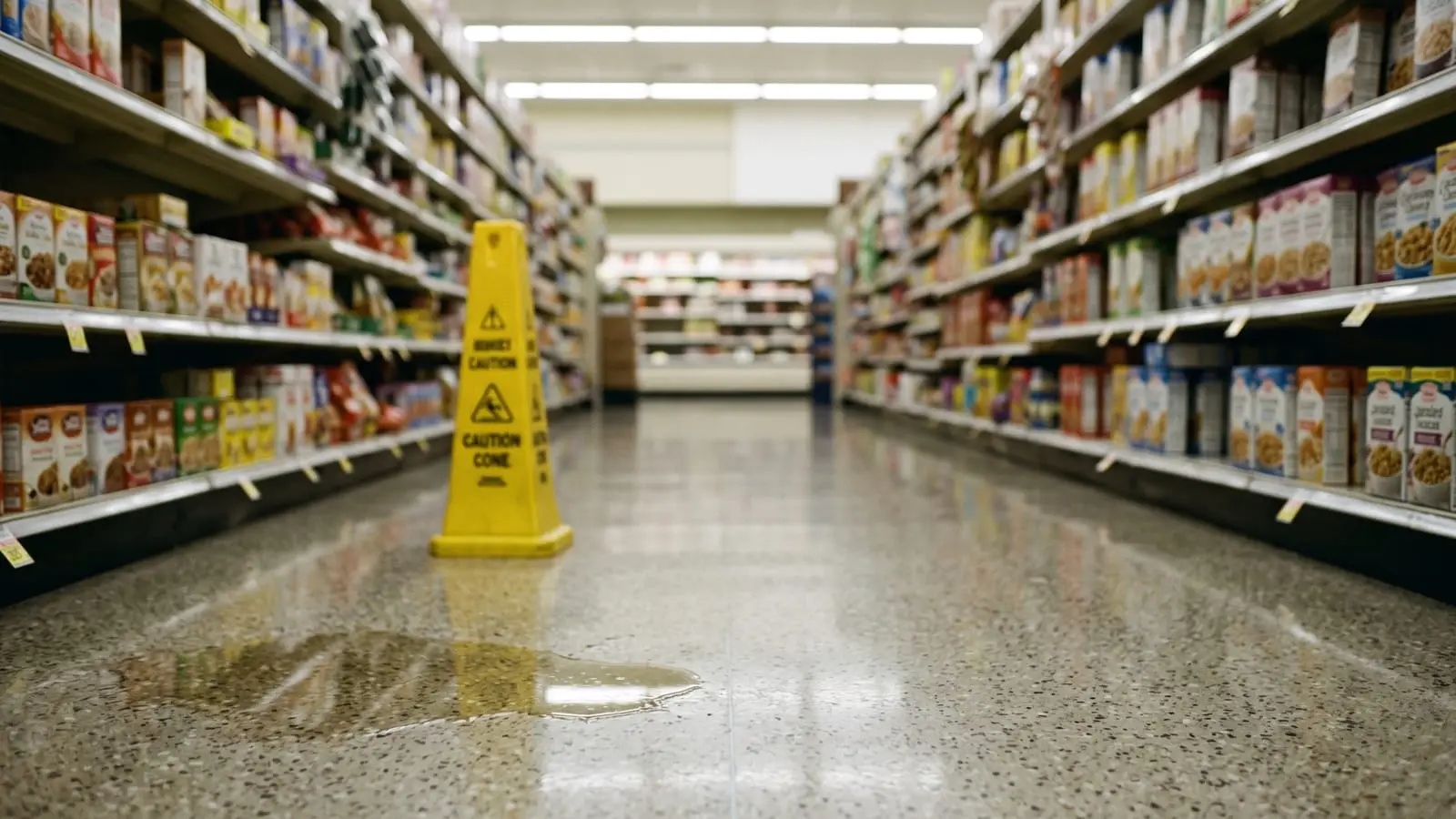 Un pasillo de supermercado con un charco en el piso y un cono amarillo de precaución