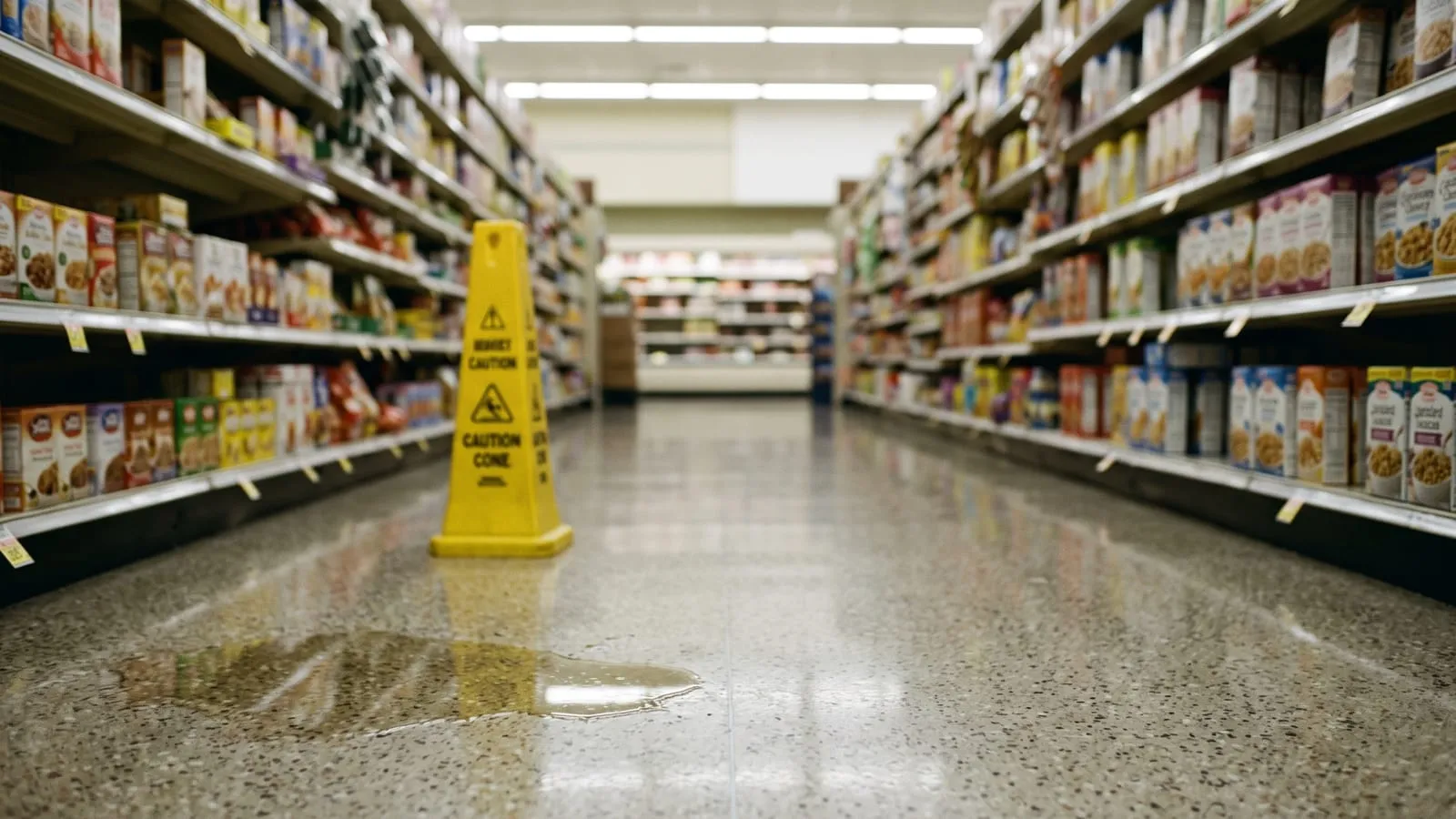 Un pasillo de supermercado con un charco en el piso y un cono amarillo de precaución