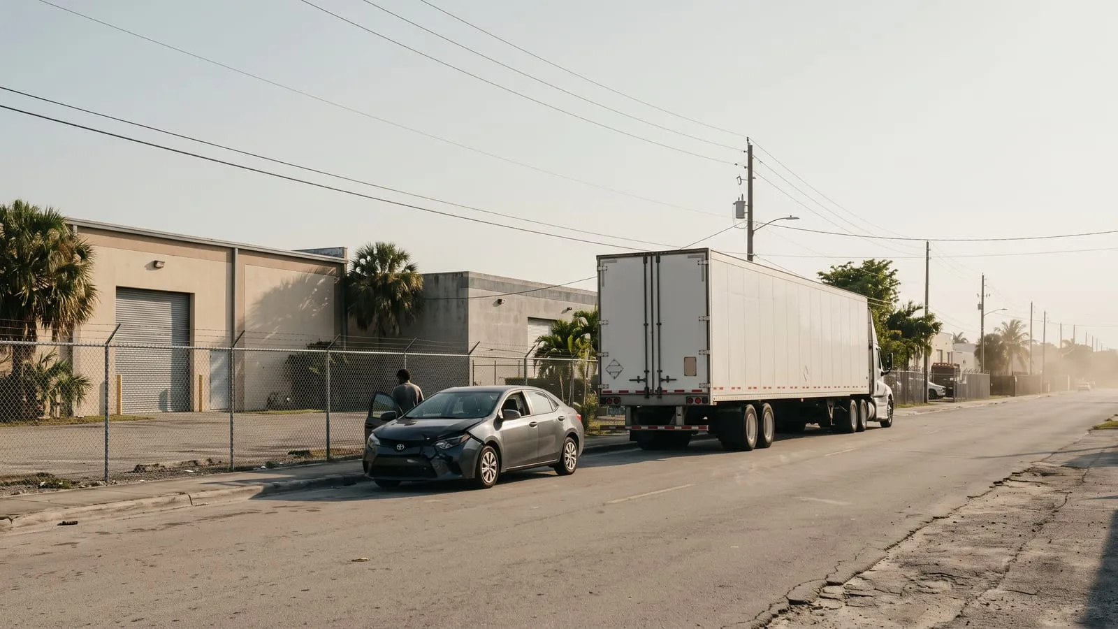 Un tráiler detenido en una calle industrial cerca de Medley con un auto dañado al lado