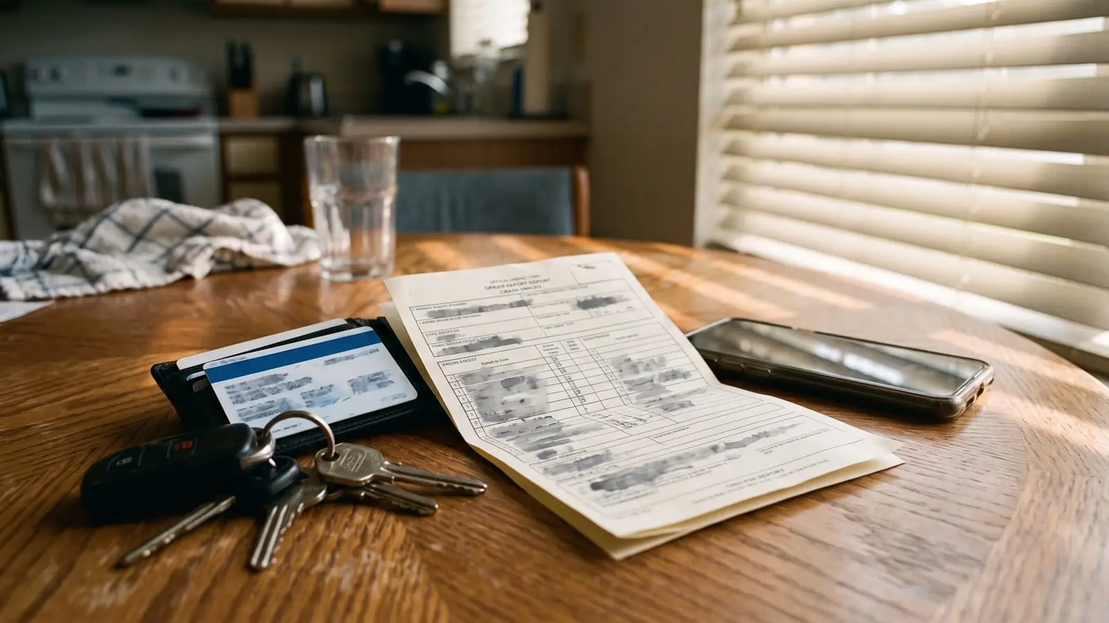 Llaves de auto, una tarjeta de seguro y un reporte de choque sobre una mesa de cocina