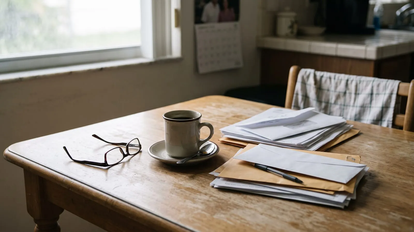 Una mesa de cocina en silencio con lentes de lectura, una taza de café y papeles